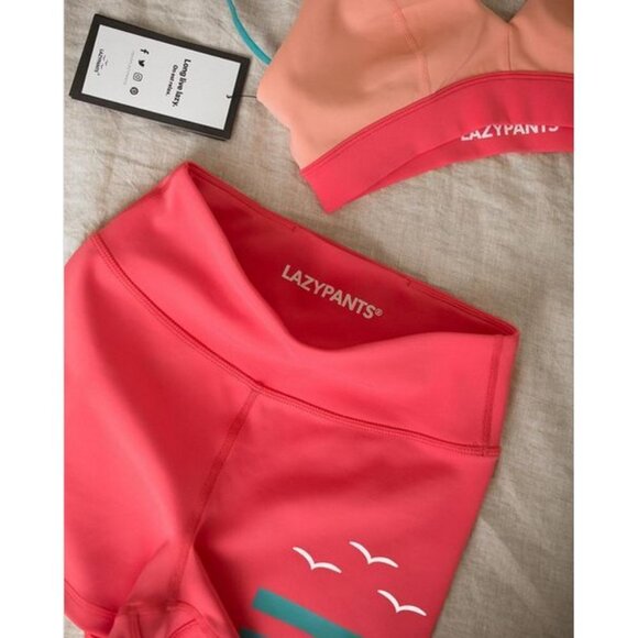 NWT Lazypants coral pink peach adjustable strap sports bra & shorts bundle set - Picture 1 of 13